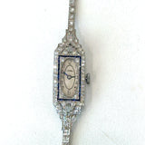 Vintage 1930's Art Deco Platinum Diamond Watch with 1.20CT round diamonds and blue French-cut sapphires KFK Jewelers Los Angeles