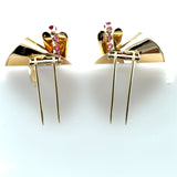 Set of two vintage 1940's Retro 14KT yellow gold brooch clips 1.5CT round rubies KFK Jewelers Los Angeles