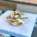 Set of two vintage 1940's Retro 14KT yellow gold brooch clips 1.5CT round rubies KFK Jewelers Los Angeles