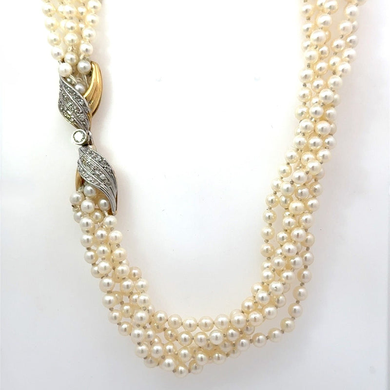 Vintage 5 - Strand Pearl Necklace with 18KT Gold Diamond Clasp - KFK, Inc.