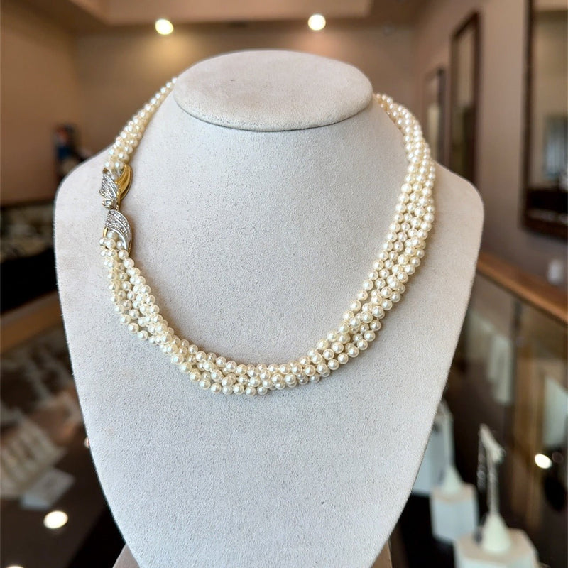 Vintage 5 - Strand Pearl Necklace with 18KT Gold Diamond Clasp - KFK, Inc.