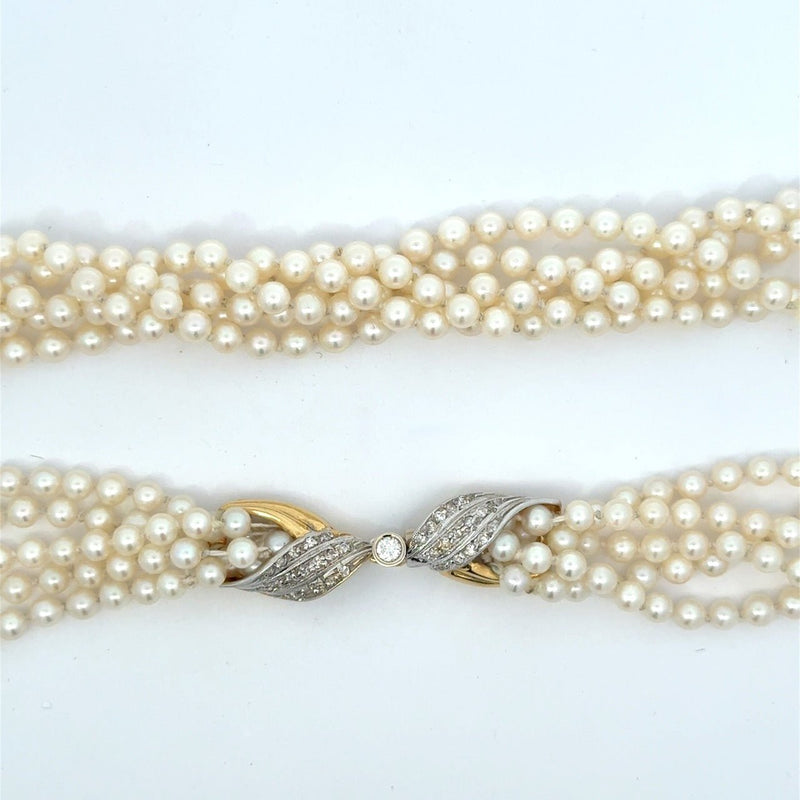 Vintage 5 - Strand Pearl Necklace with 18KT Gold Diamond Clasp - KFK, Inc.
