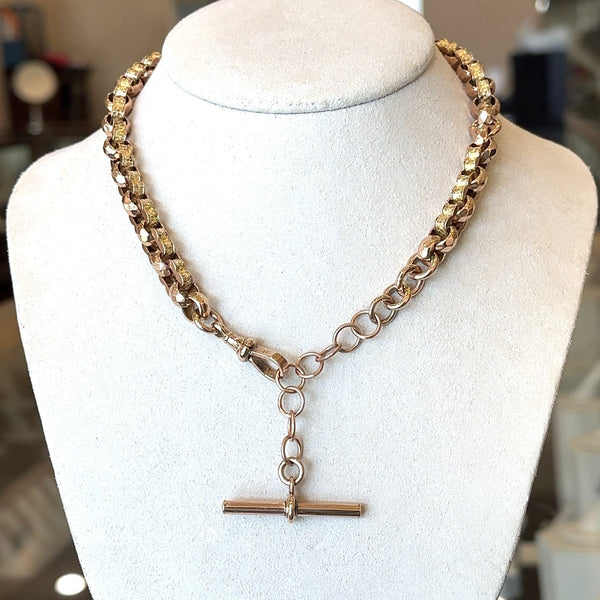 Vintage 9KT Gold Textured Link Chain with T - Bar - KFK, Inc.