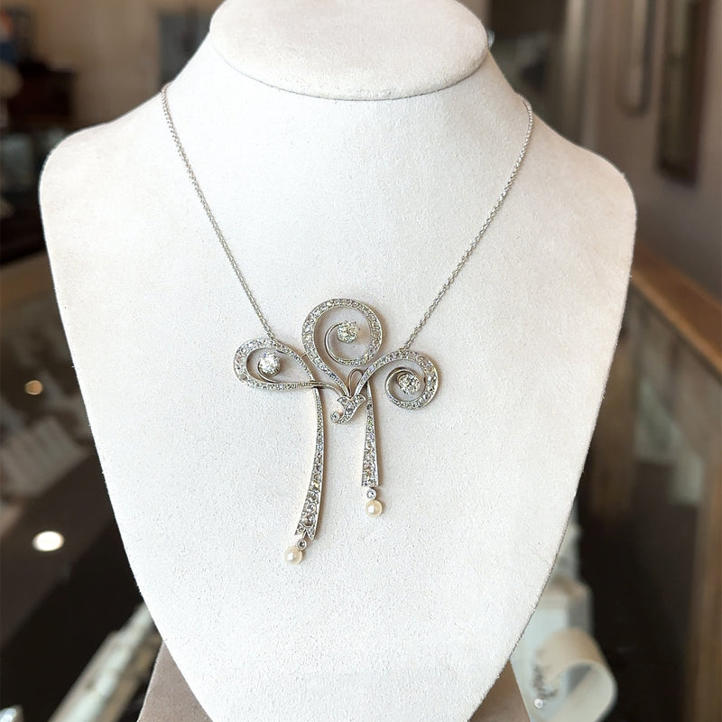 Vintage Art Deco Diamond Bow Pendant Necklace