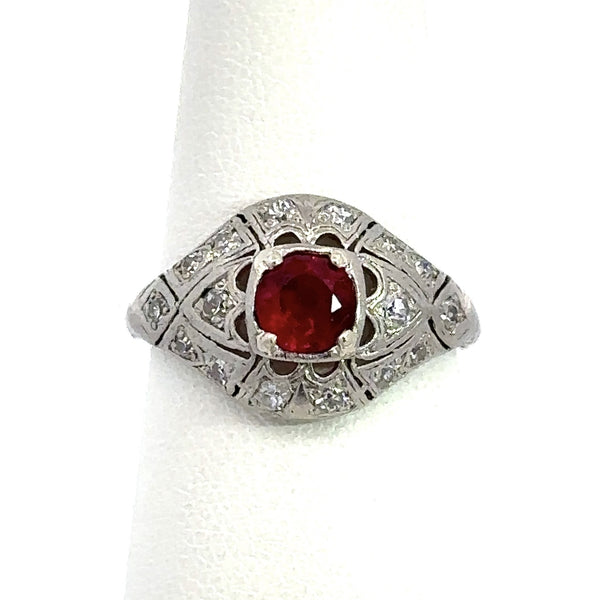 Vintage Art Deco Platinum Diamond and Pigeon Blood Ruby Ring - KFK, Inc.
