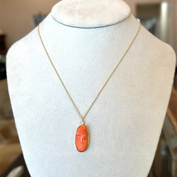 Vintage Coral Diamond Cameo Pendant Necklace - KFK, Inc.