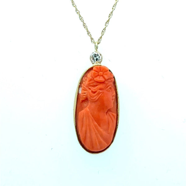 Vintage Coral Diamond Cameo Pendant Necklace - KFK, Inc.