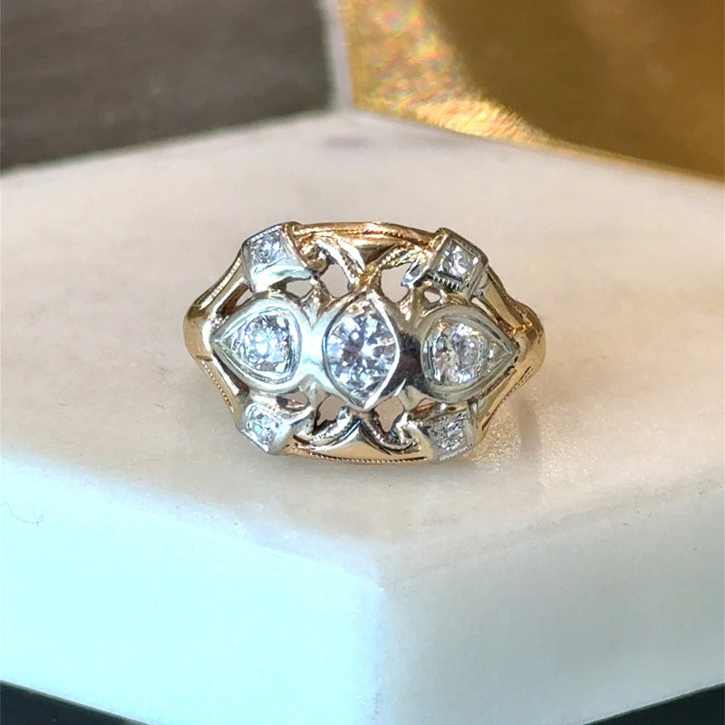 Vintage 1930's Diamond Mixed Metal Dinner Ring 14KT white gold and yellow gold KFK Jewelers Los Angeles