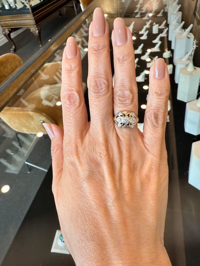 Vintage 1930's Diamond Mixed Metal Dinner Ring 14KT white gold and yellow gold KFK Jewelers Los Angeles