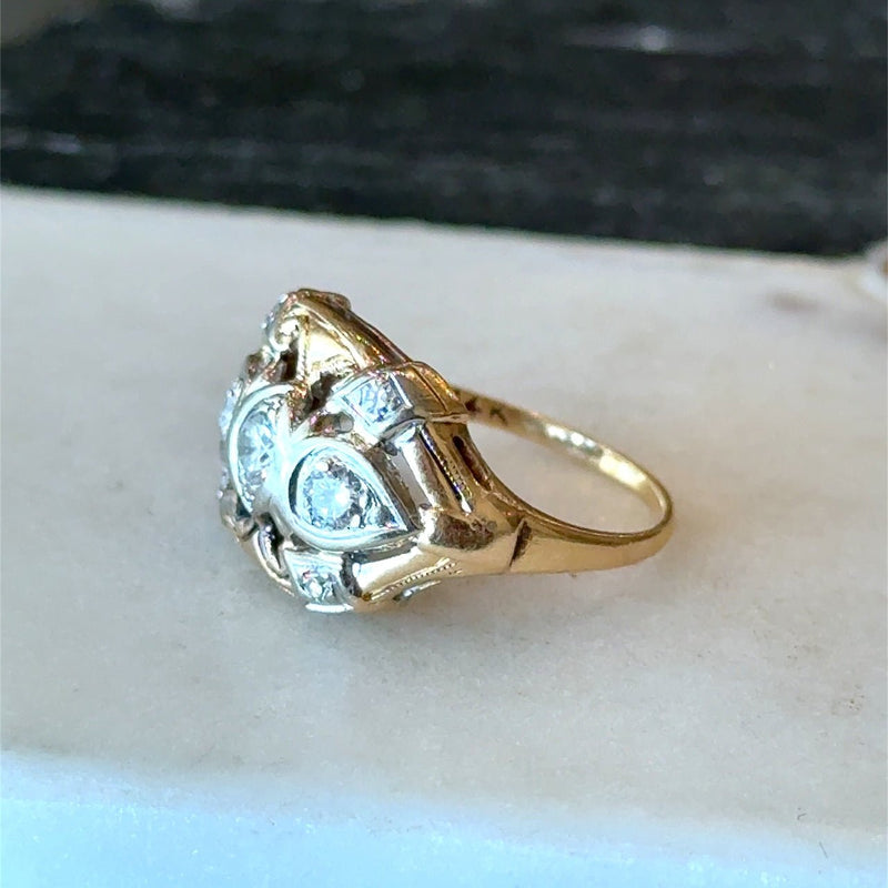Vintage 1930's Diamond Mixed Metal Dinner Ring 14KT white gold and yellow gold KFK Jewelers Los Angeles