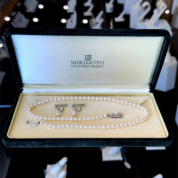 Vintage Mikimoto Cultured Pearl Neckace and Earring Set with Box - KFK, Inc.