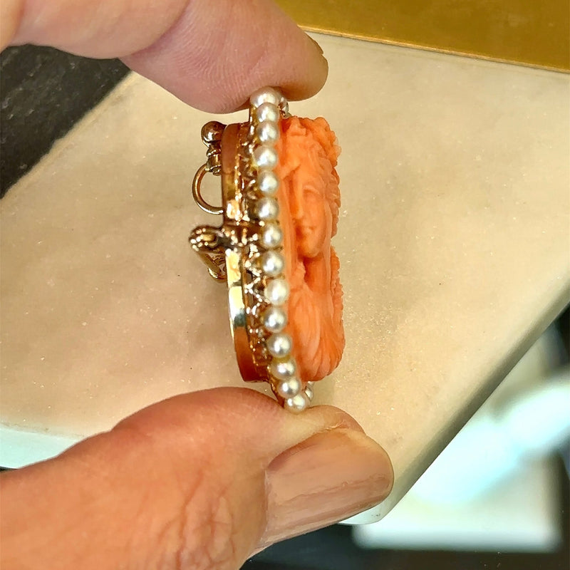 Vintage Oval Coral and Cultured Pearl Cameo Brooch Pendant with Foldable Bail to wear as a pendant or brooch pin KFK Jewelers Los Angeles
