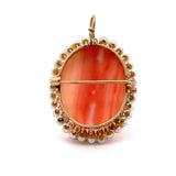 Vintage Oval Coral and Cultured Pearl Cameo Brooch Pendant with Foldable Bail to wear as a pendant or brooch pin KFK Jewelers Los Angeles