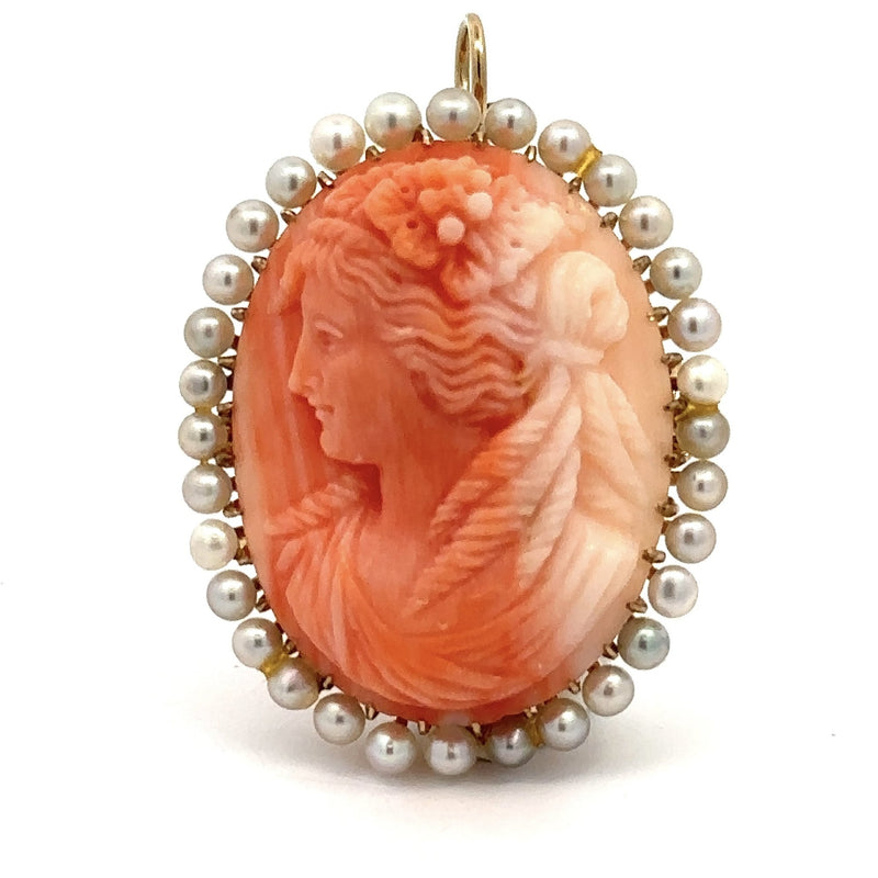 Vintage Oval Coral and Cultured Pearl Cameo Brooch Pendant with Foldable Bail to wear as a pendant or brooch pin KFK Jewelers Los Angeles