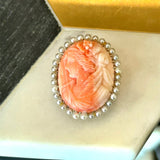 Vintage Oval Coral and Cultured Pearl Cameo Brooch Pendant with Foldable Bail to wear as a pendant or brooch pin KFK Jewelers Los Angeles
