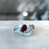 Vintage Platinum 1.25CT Diamond Baguette Wave Ring with Oval Garnet - KFK, Inc.