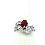 Vintage Platinum 1.25CT Diamond Baguette Wave Ring with Oval Garnet - KFK, Inc.