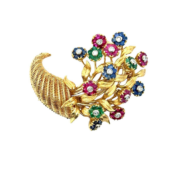 Vintage Tiffany & Co. 18K yellow gold cornucopia brooch pin with flowers "en tremblant" crafted in sapphires, emeralds, and rubies with a diamond center KFK Jewelers Los Angeles