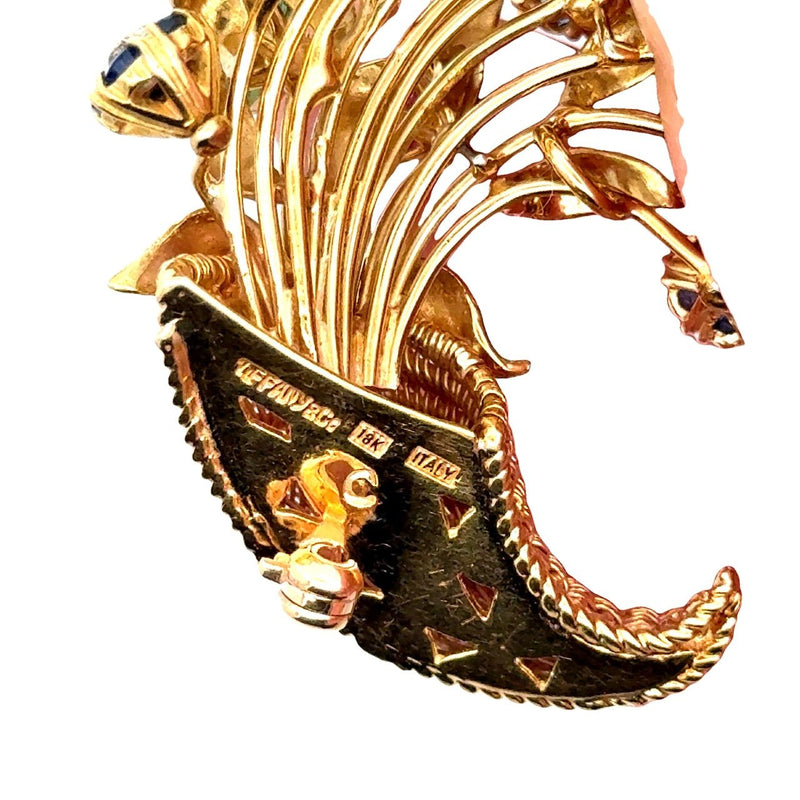 Vintage Tiffany & Co. 18K yellow gold cornucopia brooch pin with flowers "en tremblant" crafted in sapphires, emeralds, and rubies with a diamond center KFK Jewelers Los Angeles