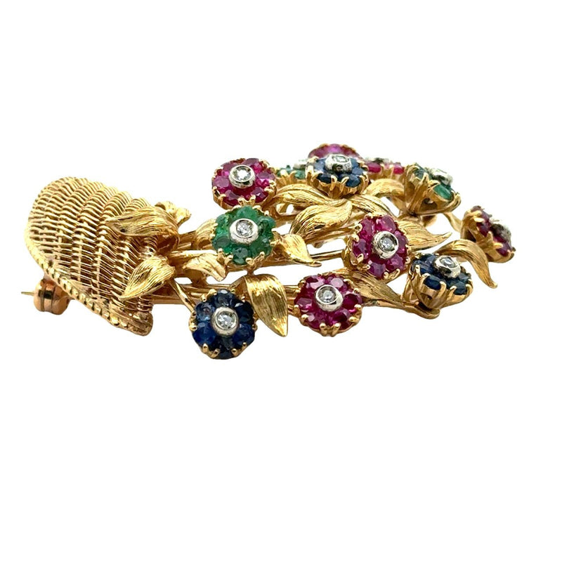 Vintage Tiffany & Co. 18K yellow gold cornucopia brooch pin with flowers "en tremblant" crafted in sapphires, emeralds, and rubies with a diamond center KFK Jewelers Los Angeles