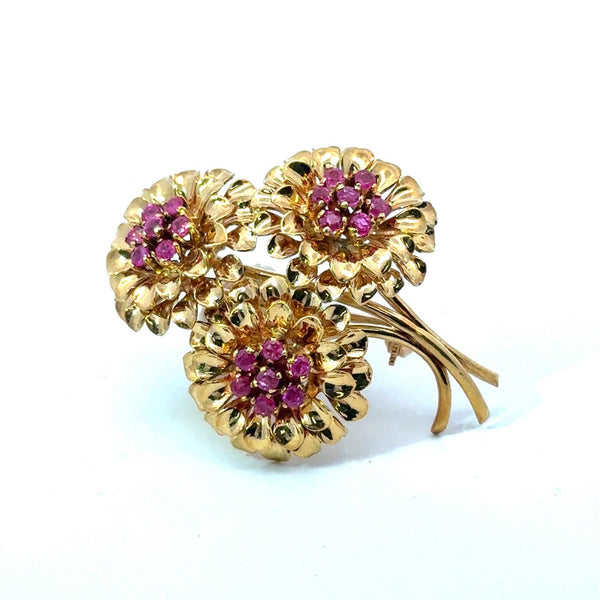 Vintage Tiffany & Co 18KT Yellow Gold Ruby Floral Brooch - KFK, Inc.