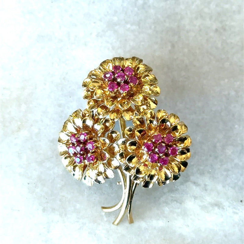 Vintage Tiffany & Co 18KT Yellow Gold Ruby Floral Brooch - KFK, Inc.