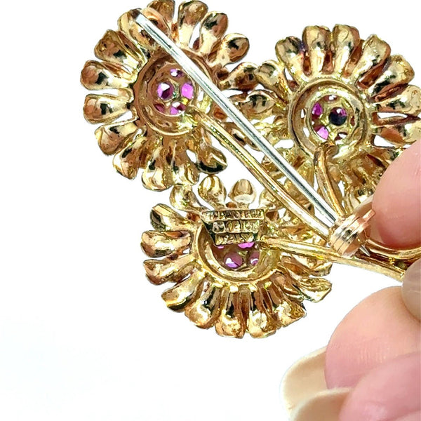 Vintage Tiffany & Co 18KT Yellow Gold Ruby Floral Brooch - KFK, Inc.