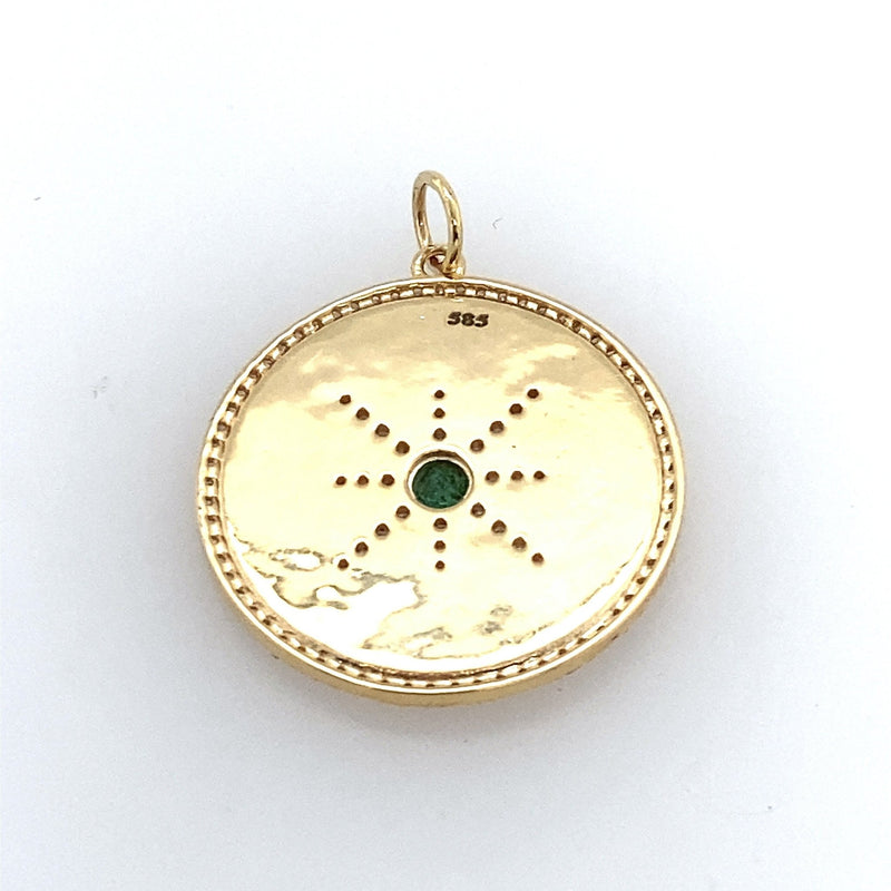 14KT Yellow Gold Compass Charm Pendant with Diamonds and Emerald - KFKJewelers