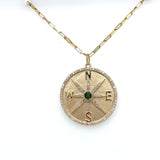 14KT Yellow Gold Compass Charm Pendant with Diamonds and Emerald - KFKJewelers