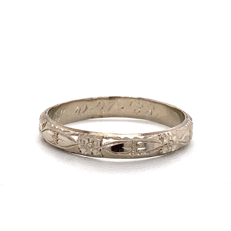 18KT White Gold Band with Flower & Heart Design, Dated 1933 - KFKJewelers