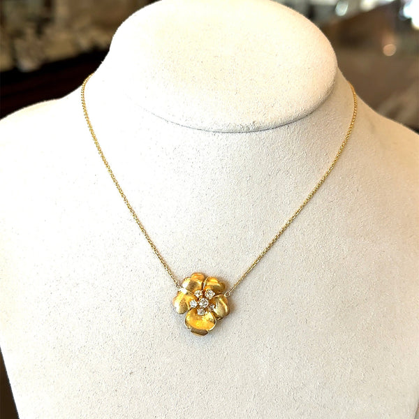 18KT Yellow Gold Diamond Flower Pendant Necklace - KFK, Inc.