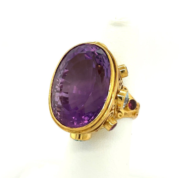 35CT Amethyst Cocktail Ring with Blue Spinels in 18KT Yellow Gold - KFK, Inc.