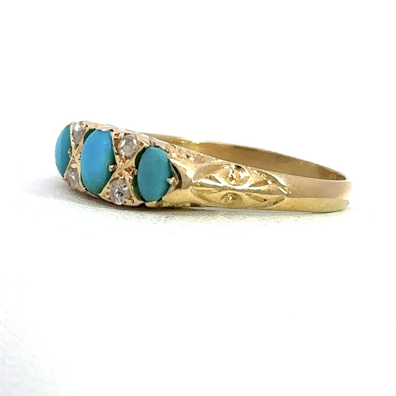 Antique 18KT Turquoise Rose-Cut Diamond Ring - KFK, Inc.