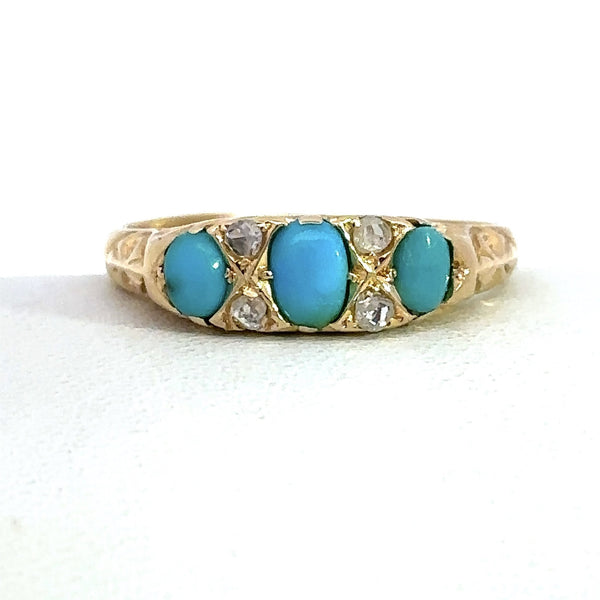Antique 18KT Turquoise Rose-Cut Diamond Ring - KFK, Inc.