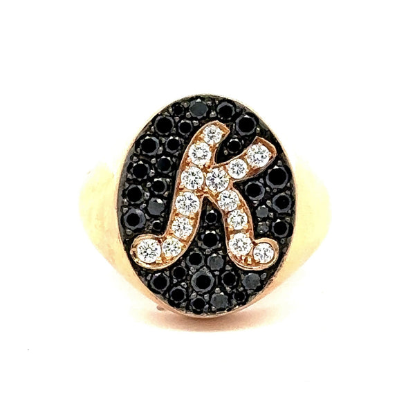Black & White Pavé Diamond 'K' Initial Signet Ring, 18KT Gold - KFK, Inc.