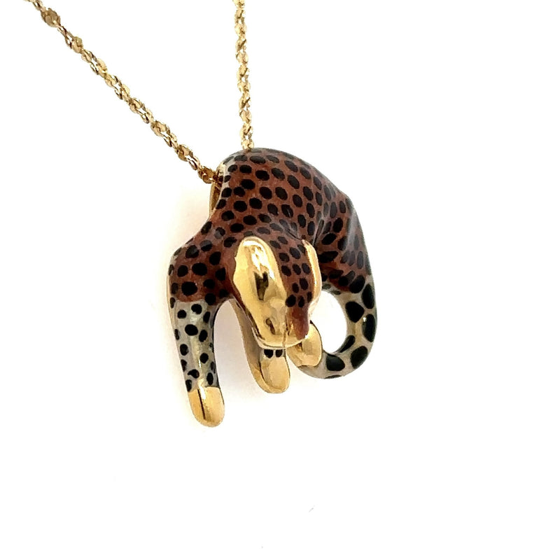 Vintage 14KT Yellow Gold & Enamel Cheetah Pendant Necklace - KFK, Inc.