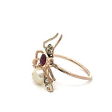 Vintage 14KT Yellow Gold Fly Ring with Diamonds, Ruby and Pearl - KFK, Inc.