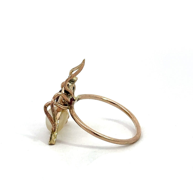 Vintage 14KT Yellow Gold Fly Ring with Diamonds, Ruby and Pearl - KFK, Inc.
