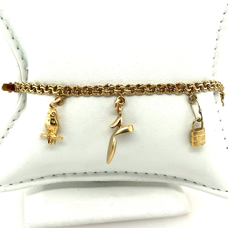 Vintage 14K Yellow Gold Charm Bracelet with 9K 14K & 18K charms 7.5 length  - Colonial Trading Company