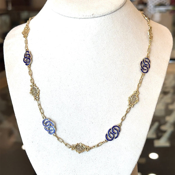 Vintage 1960's 14KT Yellow Gold Blue Enamel Station Chain, 28" Inches - KFK, Inc.