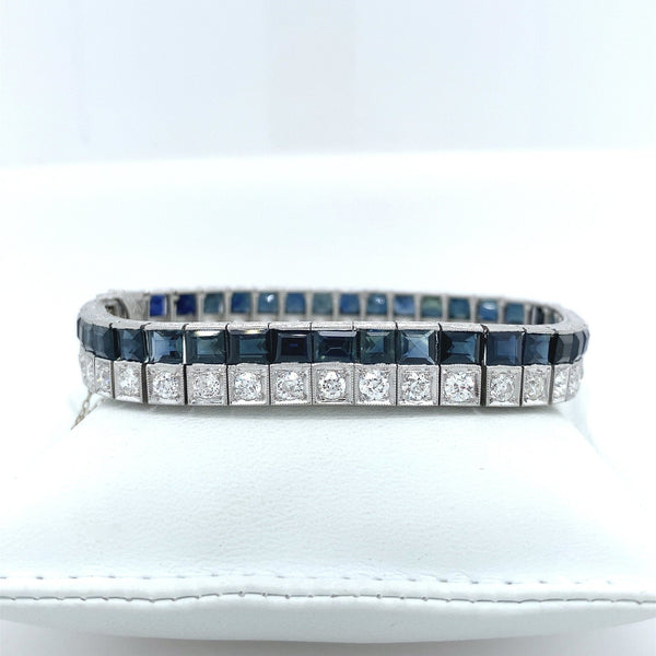 Vintage Art Deco Platinum Diamond and Blue Sapphire Line Bracelet - KFKJewelers