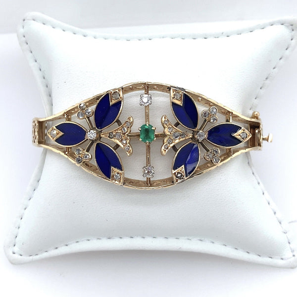 Vintage Cobalt Blue Guilloche Enamel Bangle with Rose Cut Diamonds and Emerald - KFKJewelers