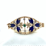Vintage Cobalt Blue Guilloche Enamel Bangle with Rose Cut Diamonds and Emerald - KFKJewelers