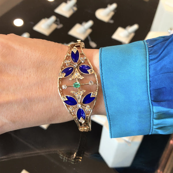 Vintage Bracelet Cobalt Blue Guilloche Enamel Bangle with Rose Cut Diamonds and One Emerald from the 1950s - KFK Jewelers Los Angeles