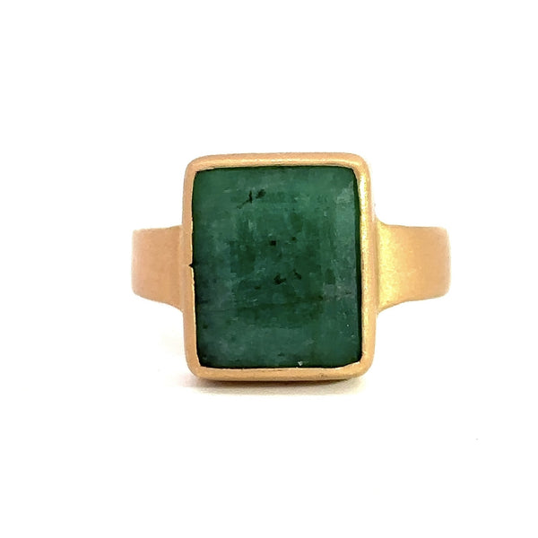 Vintage Emerald-Cut Emerald Ring, Bezel-Set in 22KT Gold - KFK, Inc.