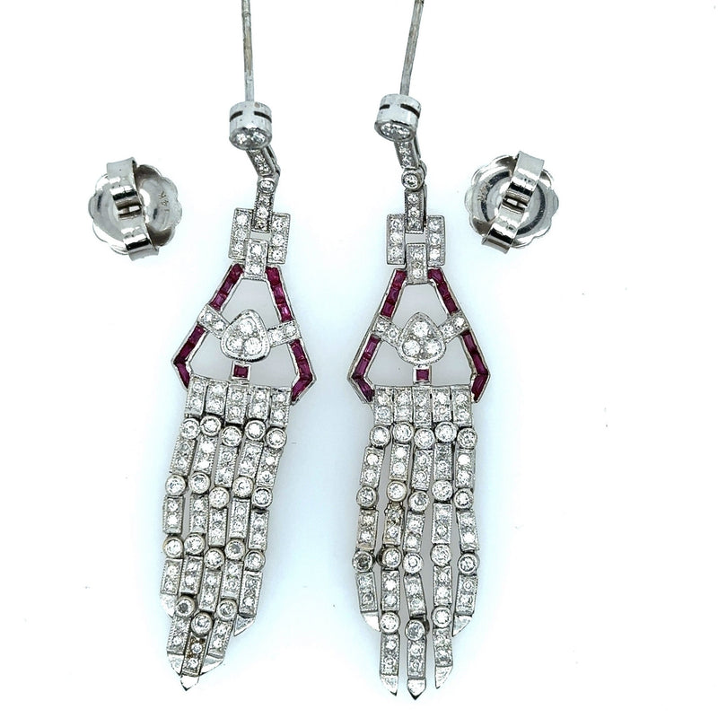 Vintage Platinum Art Deco Diamond and Ruby Chandelier Earrings - KFKJewelers